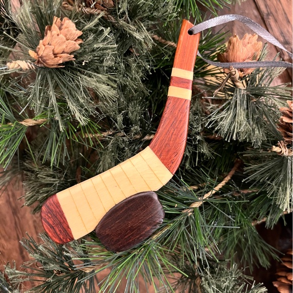 6 NEW! Hockey Stick Double-sided Wood Intarsia Christmas Tree Ornament SET OF 6 - Picture 3 of 5